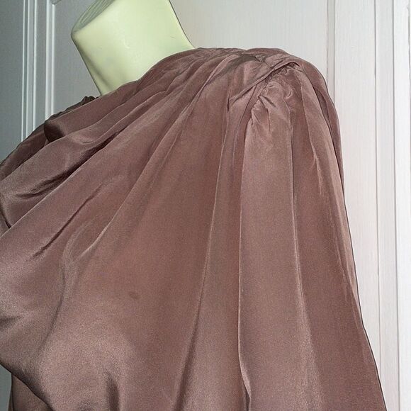 Vtg 70s/80s Jerri Sherman taupe pleated shoulder‎ drape neck long sleeved blouse - Picture 3 of 11